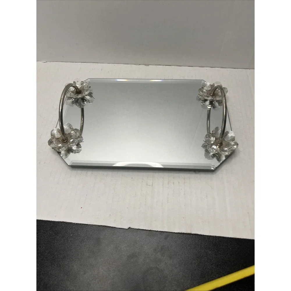 VTG Footed Mirrored Vanity Dresser Tray w/Glass Flower Accents on Handles